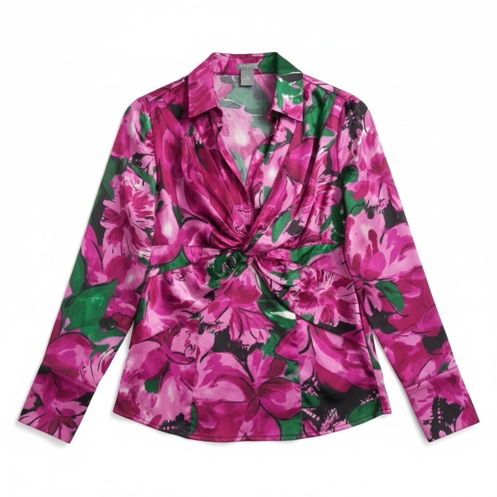 Ann Taylor Shirt Womens 8P Pink‎ Green Floral Satin Ruched V Neck Blouse Office